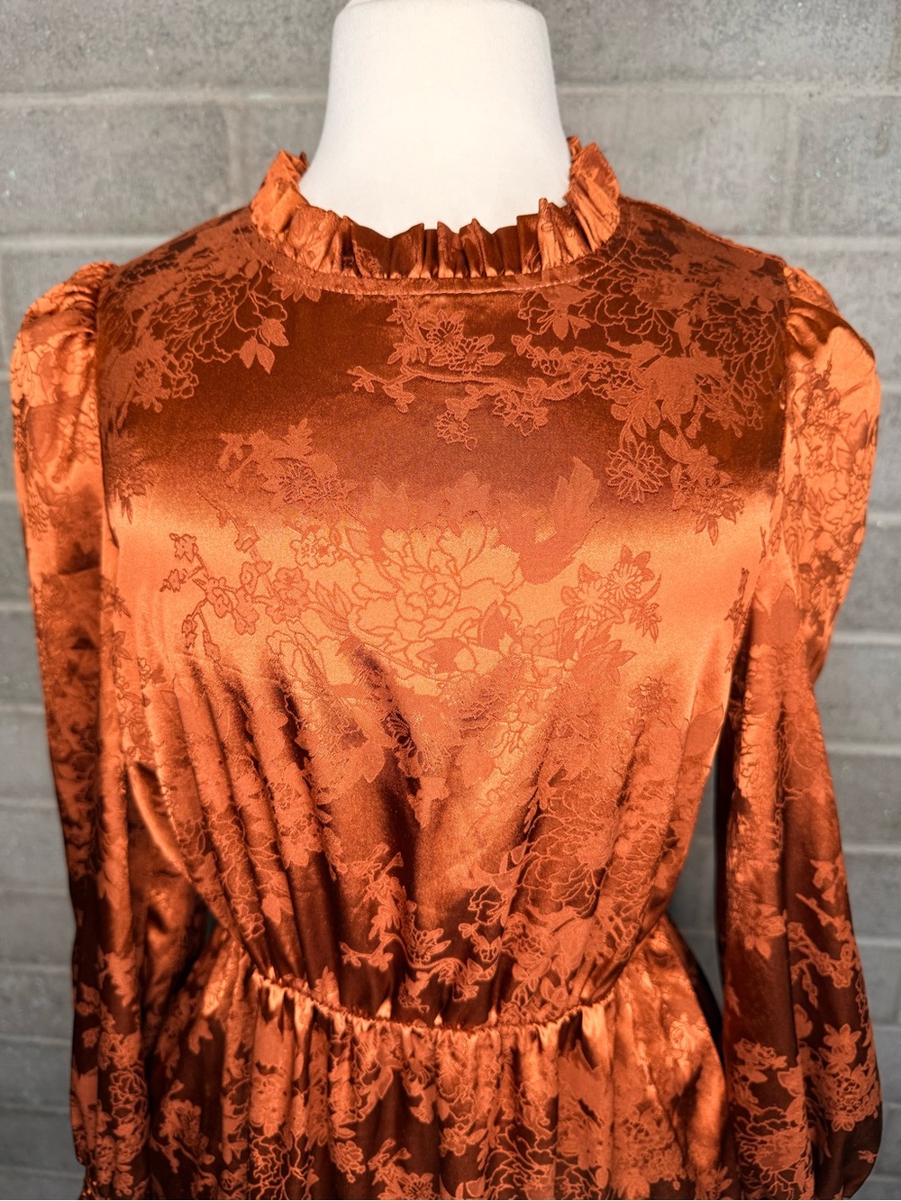 Rust Satin Jacquard Midi Dress Puff Sleeve Mock Neck Cottagecore Boho - Picture 7 of 14